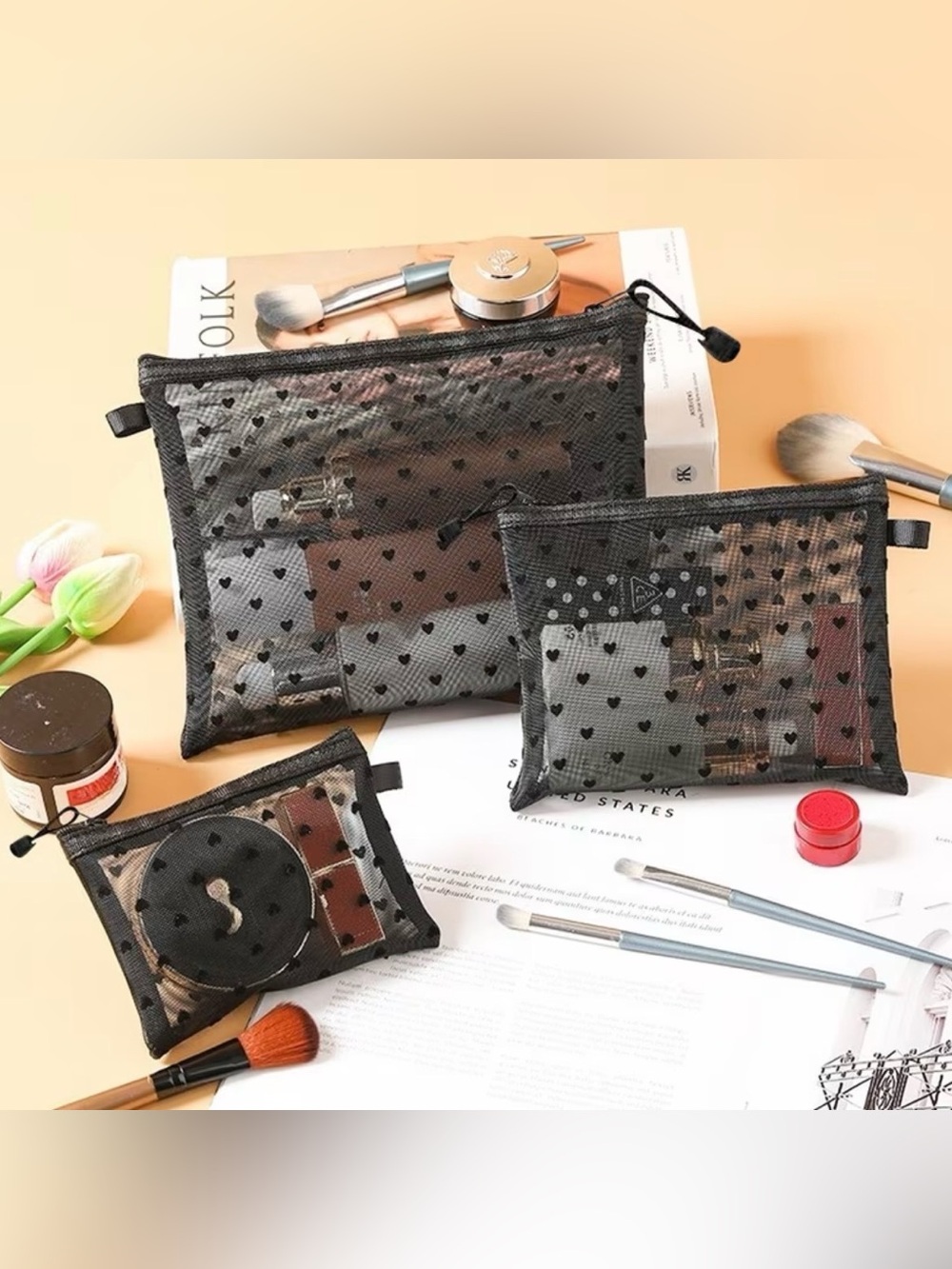 Black Transparent Heart Mesh Cosmetic Pouches - Set of 3 NIP